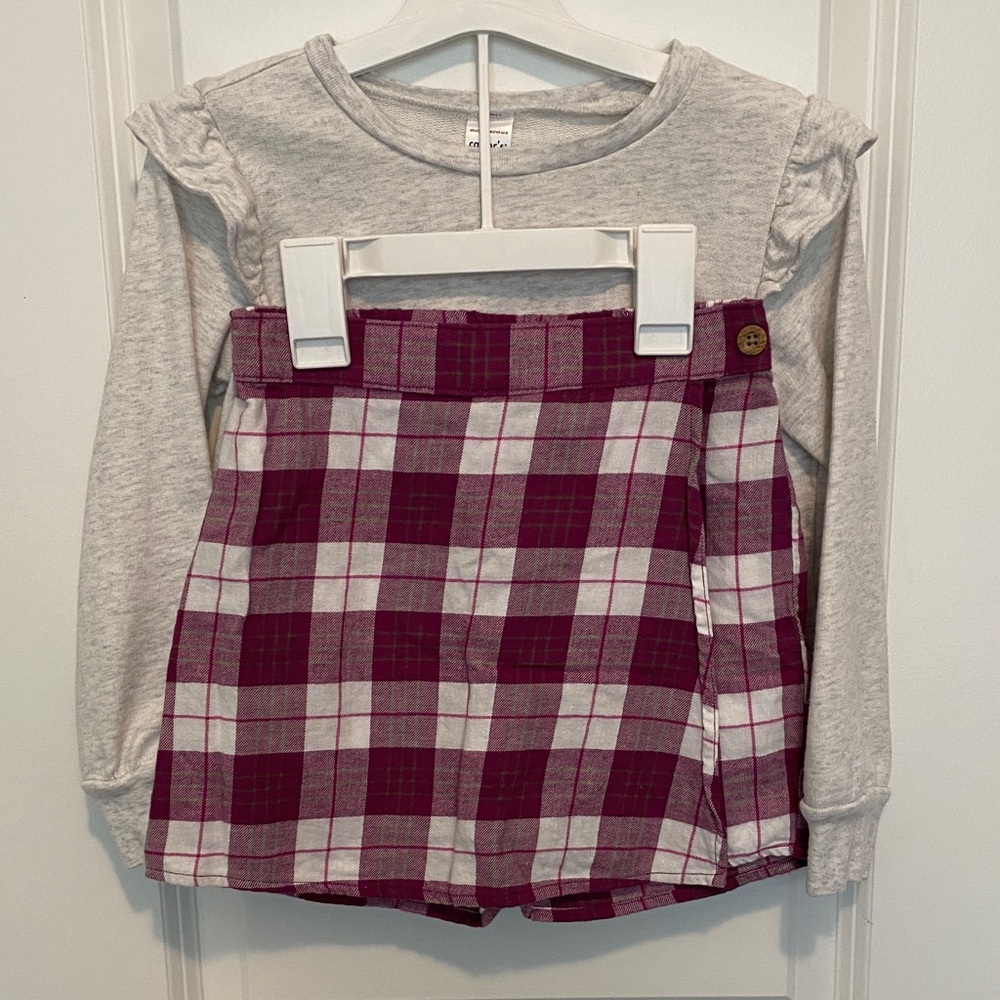 Plaid Burgundy Skort and Cream Heather Ruffle Sweater Set